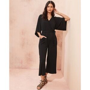 Garnet Hill Stretch Wide Leg Crop Cropped Jumpsuit Black Women’s Size Medium